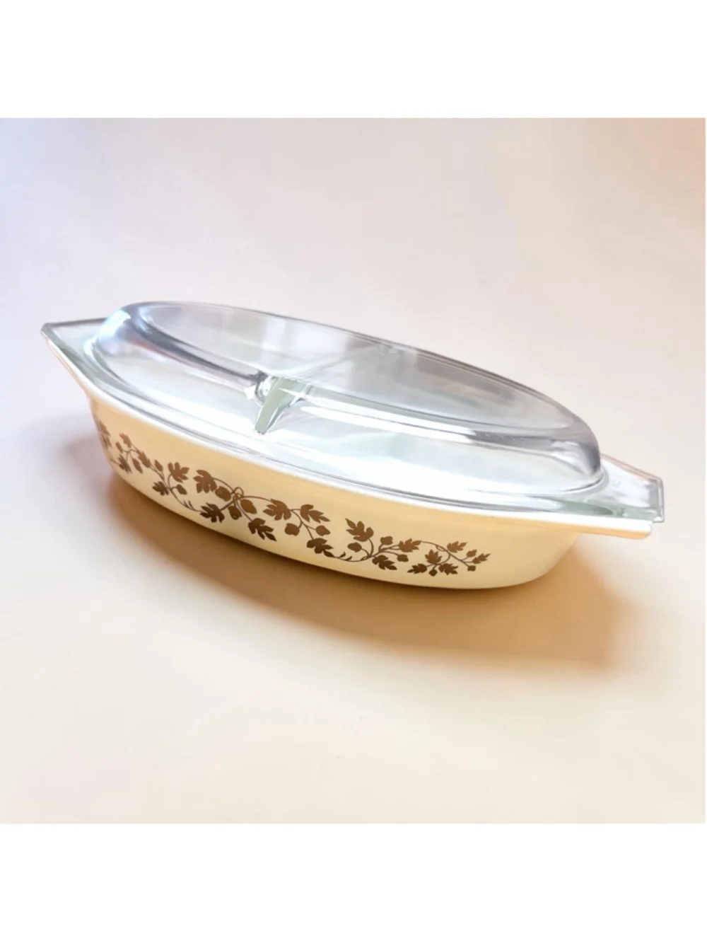 Vintage Pyrex Divided Casserole Dish with Lid | Brown Floral Pyrex Bakeware | Mi
